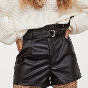 H&M Black High-Waisted Faux Leather Belted Shorts